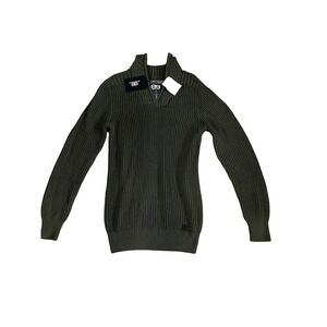 NEW Benjamin Black Quarter Zip Ribbed Knit Sweater‎ Olive Green Mock Neck S